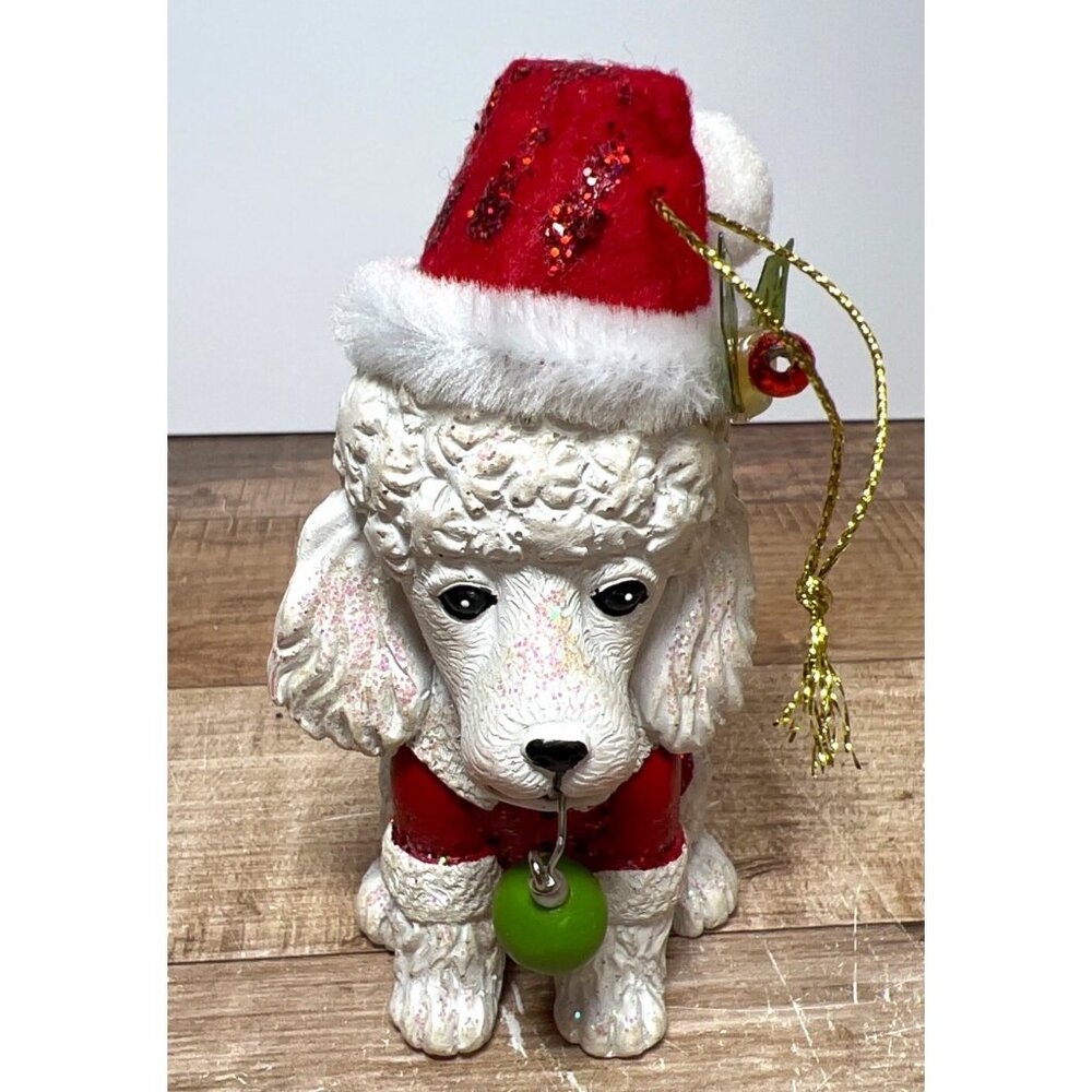 Vintage Pier1 Poodle Christmas Ornament With Santa Hat & Glitter Accents